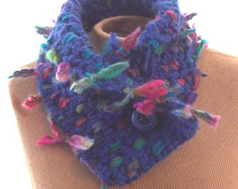 Crochet and Woven cobalt blue and multi colors neck scarf