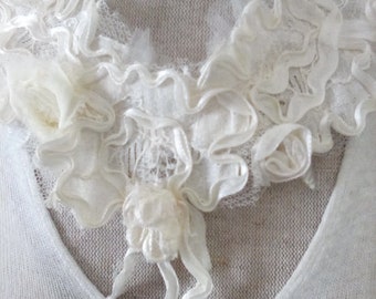 Tulle and vintage lace flowers fabric necklace with ribbon ties