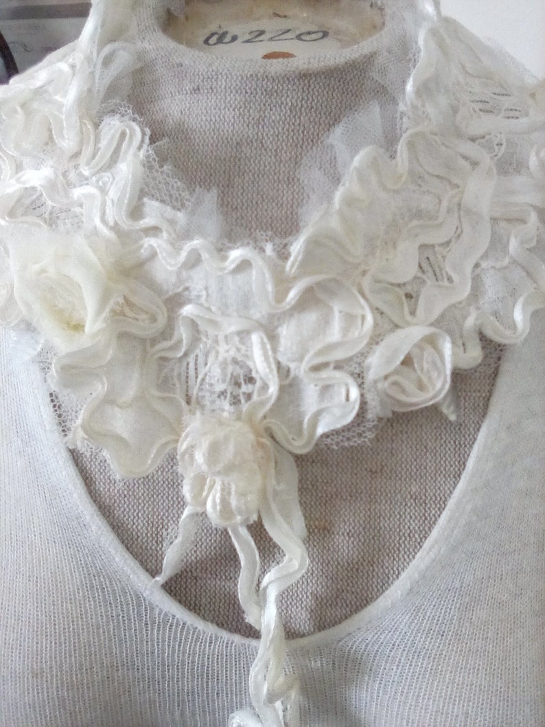 Tulle and vintage lace flowers fabric necklace with ribbon ties image 1