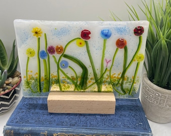 Fused Glass Flower Garden with Wooden Stand, Fused Glass Nature Panel, Colorful Garden, Garden Art, Spring, Summer Sun-catcher