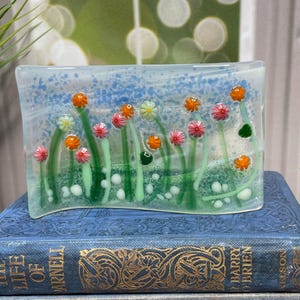 Fused Glass Art Panel – Wavy Freestanding Colorful Flowers,S Panel Glass Decor- 245