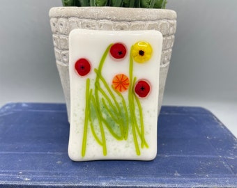 Fused Glass Magnets with Sunflowers, Poppies ands Orange Murrine Glass, Made to order, Glass Magnet, Conways Glass - B100