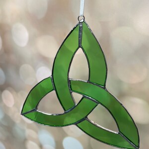 Stained Glass Celtic Trefoil Sun Catcher, Green Sun Catcher, Celtic Knot, Green, Clear Glass, Green Glass Glass, Sun Catching image 5