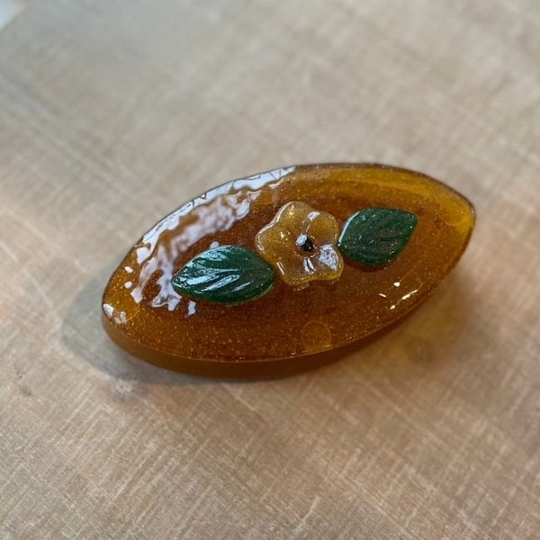 Amber Small Jewelry Box, GLASS JEWELRY BOX, Fused Glass Jewelry Box, Oval Jewelry Box, Fused Blossoms and leaves - B56