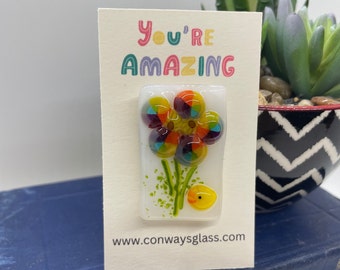 Fused Glass Flower Magnet Hug with Colorful Flowers, Murrine Glass, Baby Chick, Easter, Ready To Ship, Glass Magnet, Easter - 189