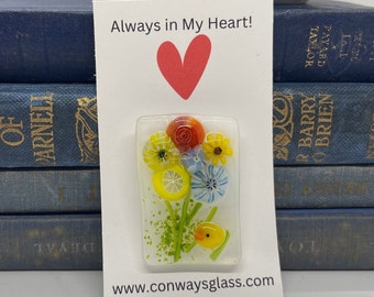 Fused Glass Flower Magnet Hug with Blue Flowers, Murrine Glass, Ready To Ship, Glass Magnet, Conways Glass - 185