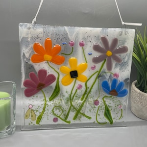 Fused Glass Panel, Colorful Fused Glass Panel, Mixed Flowers with Murrine Glass, Colorful Flowers, Birds, Window Hanging, B155