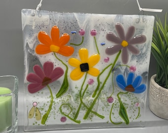 Fused Glass Panel, Colorful Fused Glass Panel, Mixed Flowers with Murrine Glass, Colorful Flowers, Birds, Window Hanging, B155