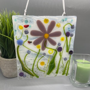 Fused Glass Panel, Colorful Fused Glass Panel, Mixed Flowers with Murrine Glass, Colorful Flowers, Birds, B156