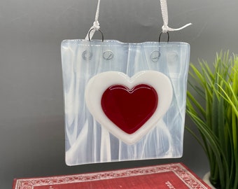 Small Fused Glass Heart Panel, Double Heart Fused Glass Panel, Red and White Glass, Window Hanging - B75
