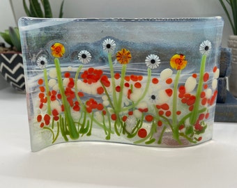 Small Fused Glass Panel, Orange Floral, Floral Fused Glass Panel, Wavy Glass Panel, Orange Floral with Murrini Glass