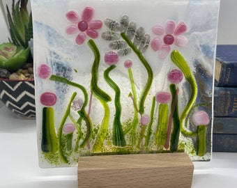 Fused Glass Flower Garden with Wooden Stand, Fused Glass Nature Panel, Colorful Garden, Garden Art, Spring, Summer Sun-catcher - 174