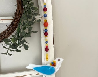 Fused Glass Bird Hanging, Colorful Beads, Murrine Glass Flowers, Window Hanging, Home Decor Hanging, B152