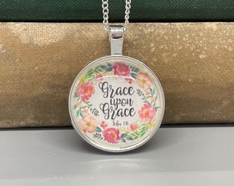 Grace Upon Grace, Pink Roses, Silver Plated with Chain, Spiritual Pendant Necklace, Glass Dome Top - B142