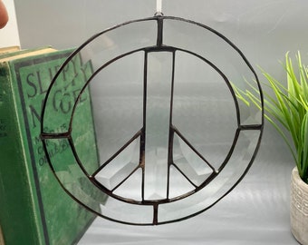 Beveled Stained Glass PEACE SIGN Sun Catcher, Clear Bevel Cluster, Peace, Clear B80