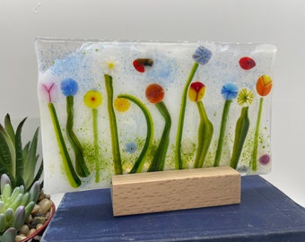 Fused Glass Flower Garden with Wooden Stand, Fused Glass Nature Panel, Colorful Garden, Garden Art, Spring, Sun-catcher, Mothers Day - 176