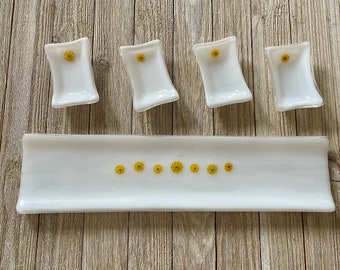 Sushi Dish, Fused Glass Rectangle Platter, 14" X 3.5", White with Yellow Sunflowers, Conways Glass - B88