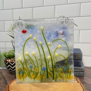 Fused Glass Panel, Colorful Fused Glass Panel, Mixed Flowers with Murrine Glass, Colorful Flowers, Birds