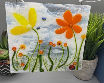 Fused Glass Panel, Colorful Fused Glass Panel, Mixed Flowers with Murine Glass, Colorful Flowers and Birds, Orange/Yellow Glass, Ladybug