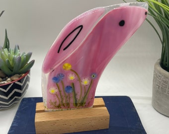 Pink Fused Glass Rabbit, Fused Glass Rabbit, Easter Decor, Fused Rabbit with Blue, Yellow and White Flowers, Fused Rabbit with Oak Stand,218