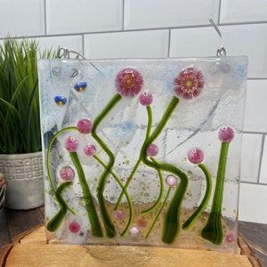 Fused Glass Panel, Colorful Fused Glass Panel, Mixed Flowers with Murrine Glass, Colorful Flowers, Birds
