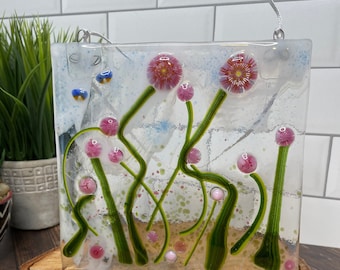 Fused Glass Panel, Colorful Fused Glass Panel, Mixed Flowers with Murrine Glass, Colorful Flowers, Birds