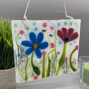 Fused Glass Panel, Colorful Fused Glass Panel, Mixed Flowers with Murrine Glass, Colorful Flowers, Birds, B157