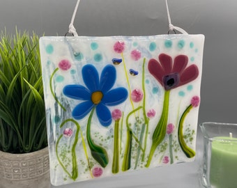 Fused Glass Panel, Colorful Fused Glass Panel, Mixed Flowers with Murrine Glass, Colorful Flowers, Birds, B157