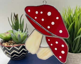 Stained Glass Mushroom Sun Catcher, Colorful Mushrooms, Double Mushroom Window Hanging, Spotted Red Mushroom Sun Catcher, Art Decor