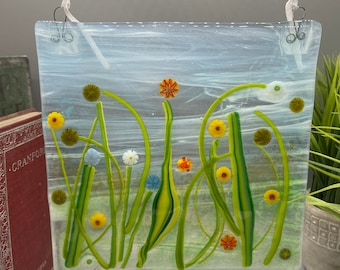 Fused Glass Panel, Colorful Fused Glass Panel, Mixed Flowers with Murrine Glass, Colorful Flowers, B18