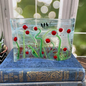Fused Glass Art Panel – Wavy Freestanding Poppies with Black Birds, Red Flower Glass Decor- 241