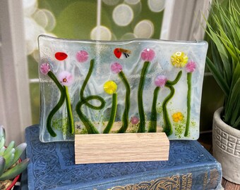 Fused Glass Panel with Wood Block Stand – Purple Flowers & Mixed Florals – Handmade Home Décor - 230