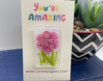 Fused Glass Flower Magnet Hug with Colorful Flowers, Bouquet of Flowers, Pink Rose Murrine Glass, Ready To Ship, Glass Magnet, Easter - 188