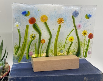 Fused Glass Flower Garden with Wooden Stand, Fused Glass Nature Panel, Colorful Garden, Garden Art, Spring, Sun-catcher, Mothers Day - 173