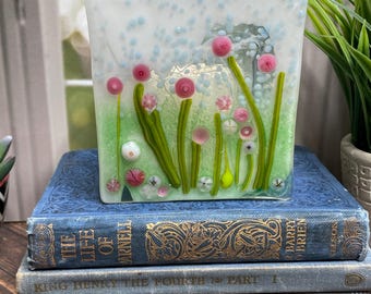Whimsical Flower Garden Murrini Glass Panel Candle Holder - Colorful Decor Accent - B78