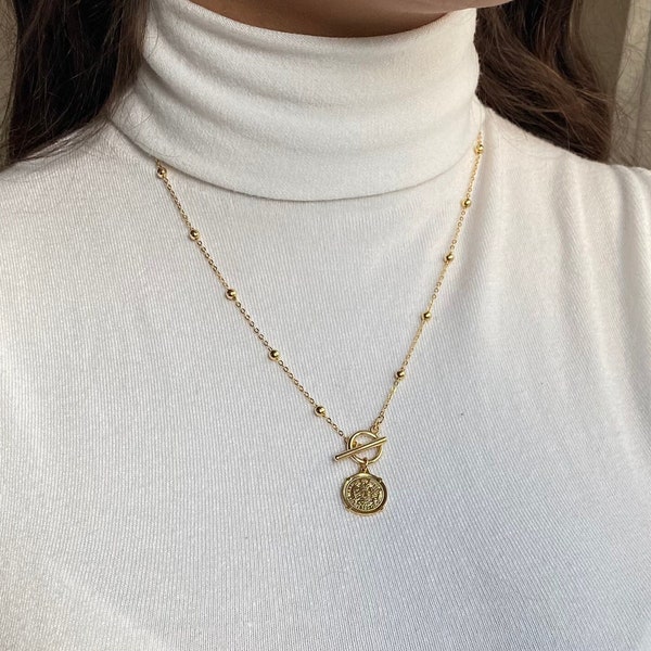 Gold T-Bar Coin Pendant Beaded Necklace / 22k Gold-Filled Beaded Toggle Clasp Chain / Hypoallergenic / 18k Gold / 24k Gold / Charm Necklace