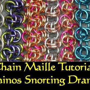 May include: Close-up of colorful chainmail patterns. The image displays various metal chainmail designs in silver, purple, green, pink, copper, blue, and gold. The text at the bottom reads "Chain Maille Tutorial Rhinos Snorting Drano."