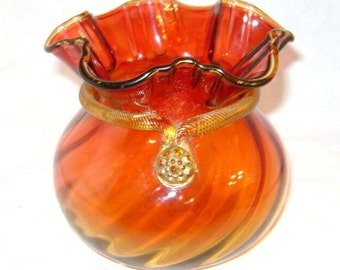 Antique Amberina Glass Rose Bowl Applied Unusual Gold Glass Rim for Home Decor