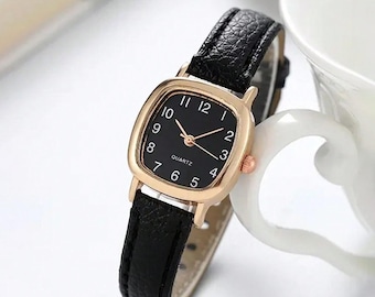 Handmade Women's Retro Minimalist Quartz Watch, Vintage Small Square Leather Watch, Rose Gold Alloy Square Case With Black Leather Strap