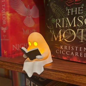 Puede incluir: Una luz de libro con forma de fantasma naranja brillante leyendo un peque&ntilde;o libro negro, colocada en una estanter&iacute;a de madera. El fantasma tiene dos ojos amarillos y una parte inferior blanca y fluida. Libros con t&iacute;tulos como "The Crimson Moth" est&aacute;n en el fondo.