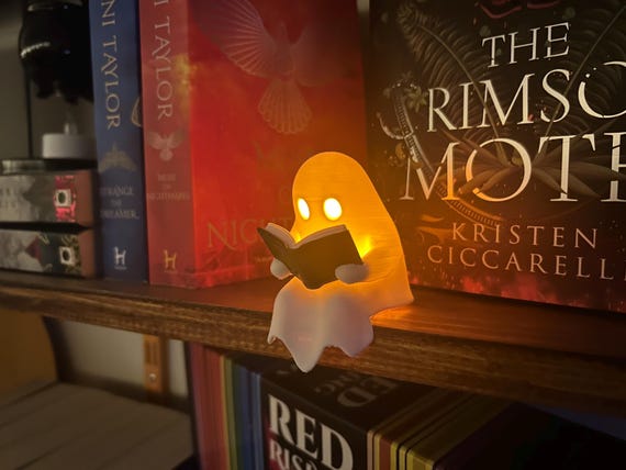 Tiny Reading Ghost Tealight - Whimsical Shelf Decor Cozy Glow