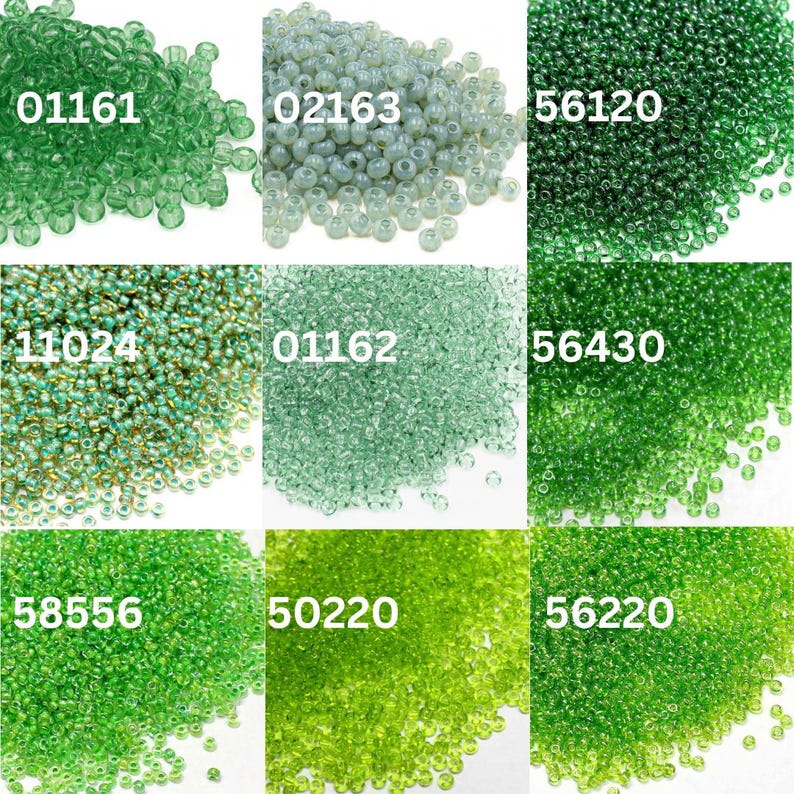 May include: Assortment of green, light green, and clear glass seed beads. The beads are arranged in nine squares with a number in each square. The numbers are 01161, 02163, 56120, 11024, 01162, 56430, 58556, 50220, and 56220.