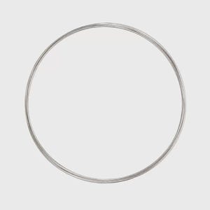 Peut inclure: Un cerceau en fil métallique argenté, fin et circulaire, doté d'une finition lisse et réfléchissante. L'objet forme un anneau parfait et continu avec une épaisseur constante sur toute sa circonférence, présentant un design épuré.