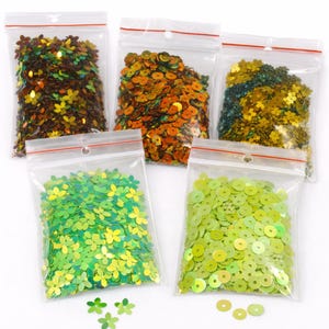Green and orange Sequin Mix for Embroidery & Crafts – 5 Bag Assortment (50g Total) – Sparkly Sewing DIY Embroidery sequins Iridescent