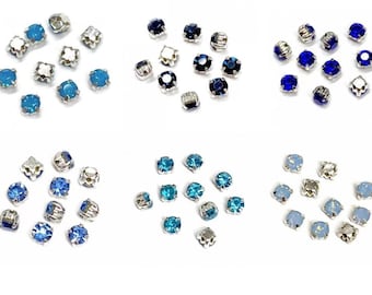 3 mm di strass da cucire, cristalli blu vintage, vetro, retro piatto, creazione di gioielli fai da te, ricamo, piccolo metallo colorato foderato in argento.