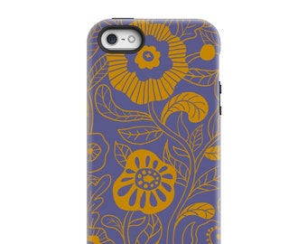 Tough Phone Case, floral phone case, iPhone case, Galaxy phone rugged case, retro pattern, retro flowers, purple phone, mustard phone case