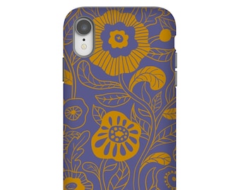 iPhone Tough Case, floral phone case, iPhone XR case, rugged case, retro pattern, purple phone case, mustard phone case, galentines gift