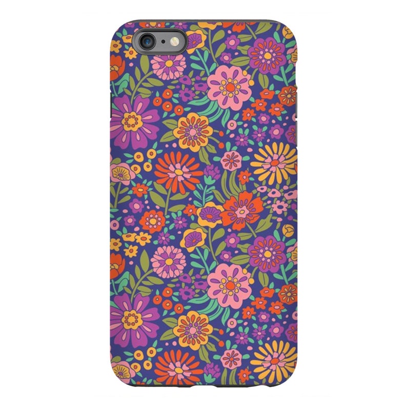 May include: A purple phone case with a retro floral pattern featuring orange, pink, yellow, and green flowers.