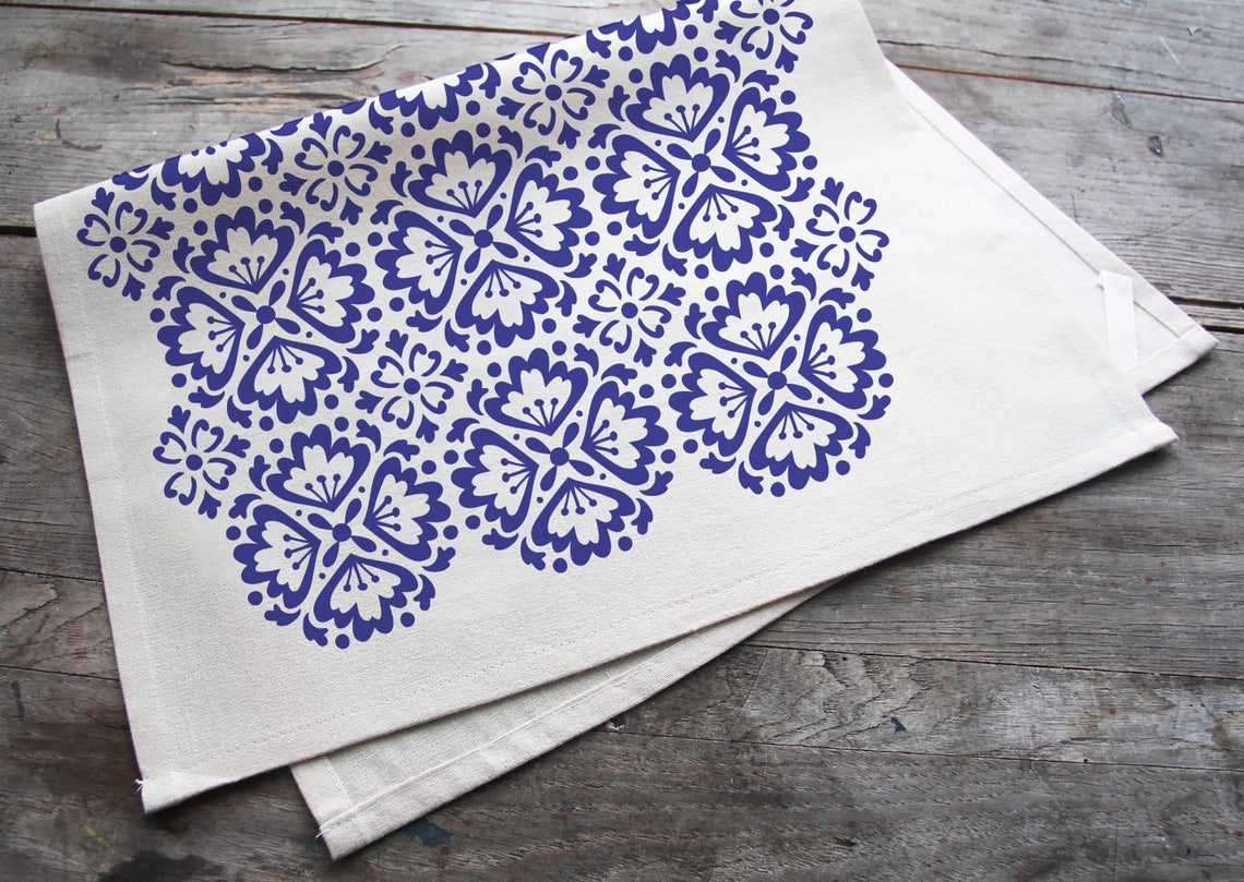 Hand Printed Tea Towel. Spanish Tile. Kitchen Towel Handmade. Etsy