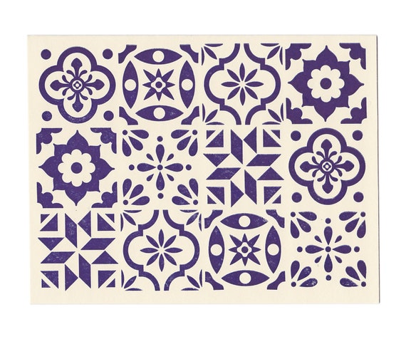 Blue Spanish Tile note card made in Maine pattern blue and white blank inside Spain geometry azulejos letterpress greeting card
